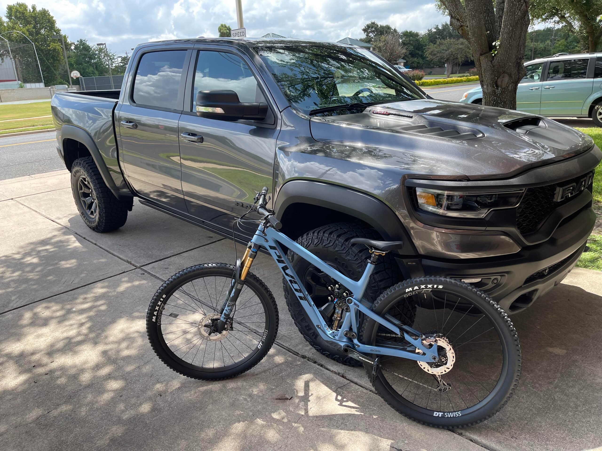 NBD (Pivot Trail 429 Pro XT/XR) in front of NT (Ram TRX). Bike is a replacement after my last bike was stolen out of my garage. : mountainbiking