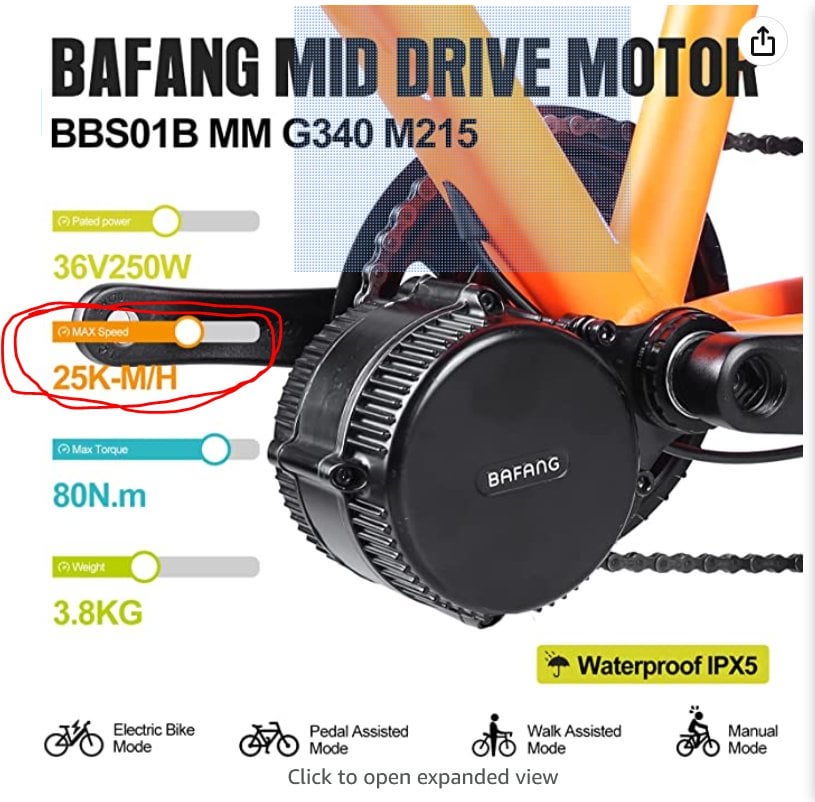 Is the bafang mid motor 250w 36v limited to 25kph?